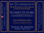The InnerCandescent Co Blanket of Stars luxury hand and body lotion bottle with white tea, fig, and rose scent.