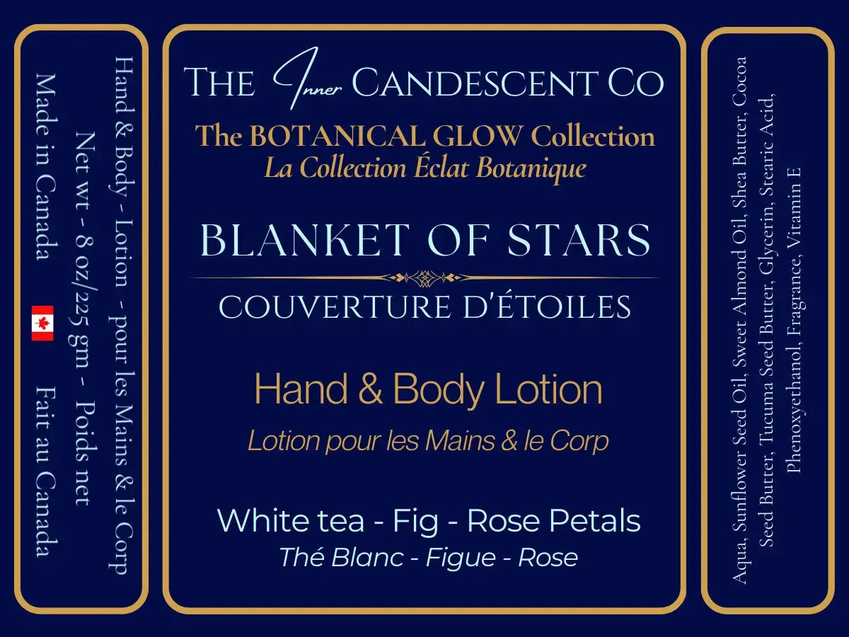 The InnerCandescent Co Blanket of Stars luxury hand and body lotion bottle with white tea, fig, and rose scent.