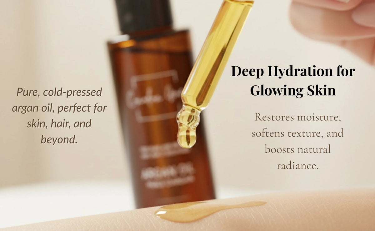Organic Canadian Grace Wellness 100% argan oil bottle with dropper, ideal for dry skin and frizz-prone hair care.