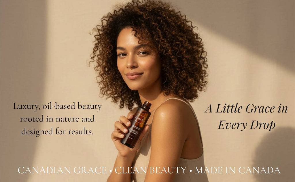Canadian Grace Wellness Organic 100% Argan Oil bottle, ideal for dry skin and frizz-prone, dehydrated hair, natural skincare and haircare.