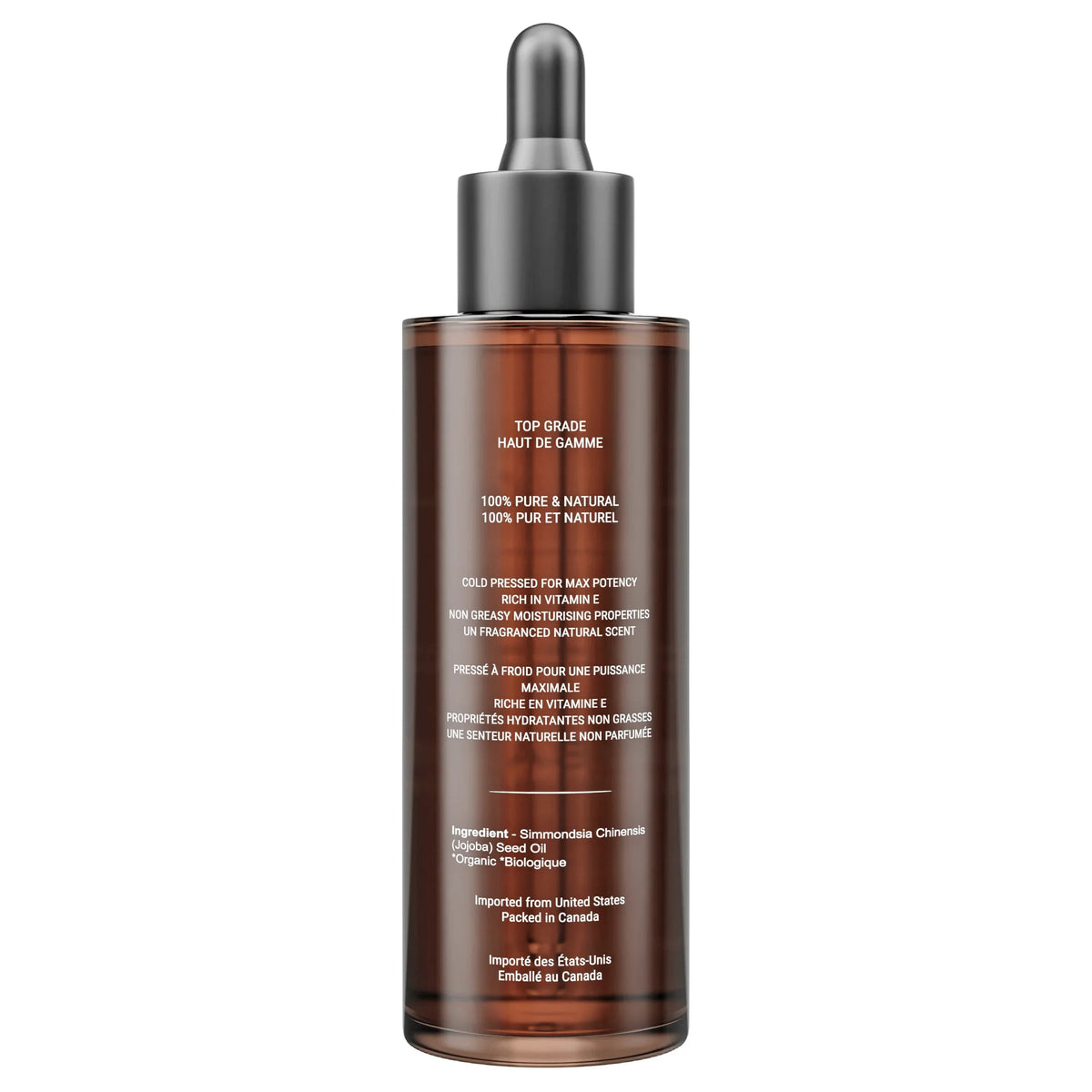 Canadian Grace Wellness organic jojoba oil in a glass bottle, ideal for sensitive, acne-prone skin and dry or oily scalp.