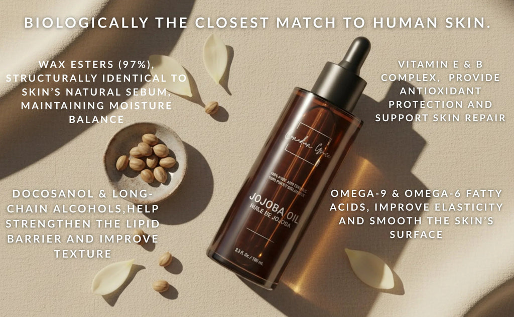 Canadian Grace Wellness 100% organic jojoba oil bottle, ideal for sensitive skin and scalp, with natural, golden liquid.