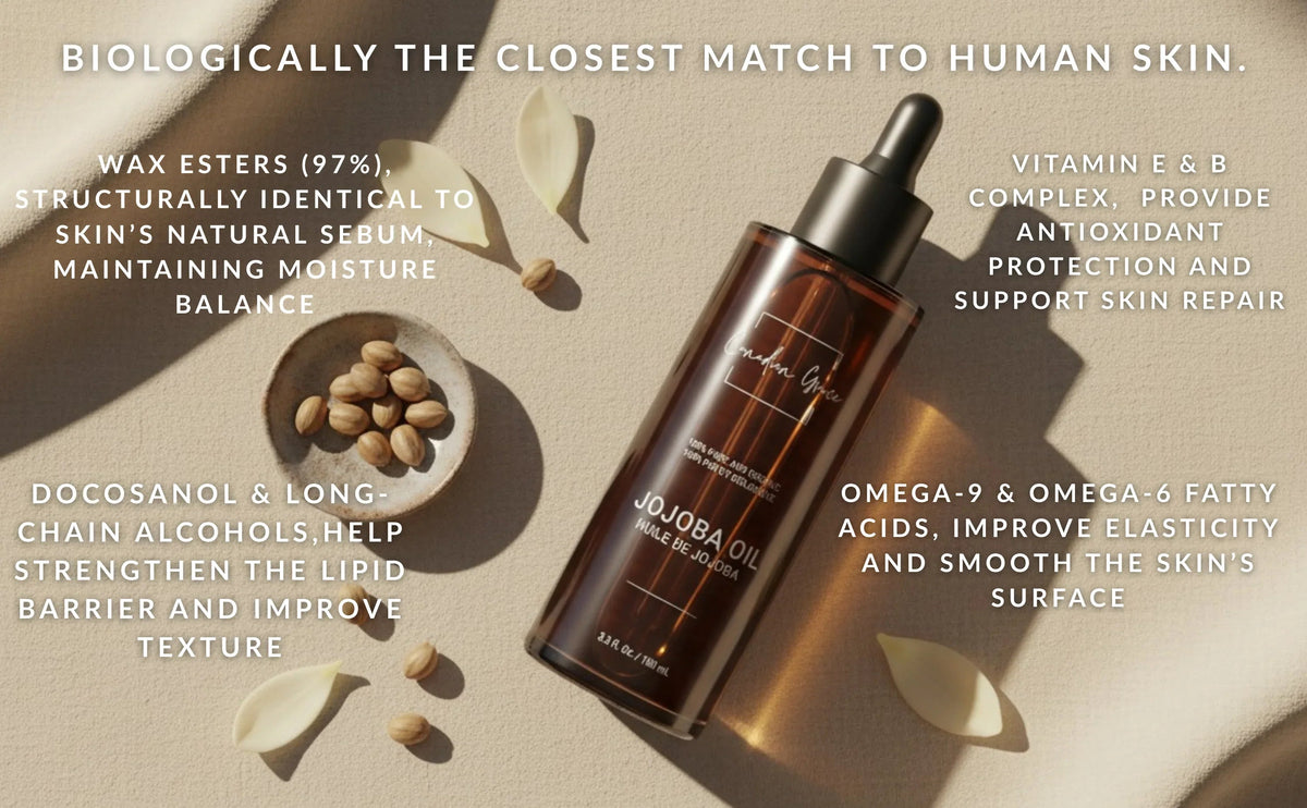 Canadian Grace Wellness 100% organic jojoba oil bottle, ideal for sensitive skin and scalp, with natural, golden liquid.