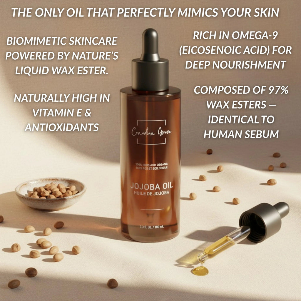 Canadian Grace Wellness 100% Organic Jojoba Oil for sensitive, acne-prone skin and oily or dry scalp, natural skincare and hair care product.