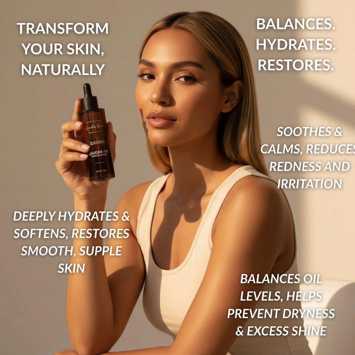 Canadian Grace Wellness 100% organic jojoba oil in a glass bottle, suitable for sensitive skin and scalp hydration.