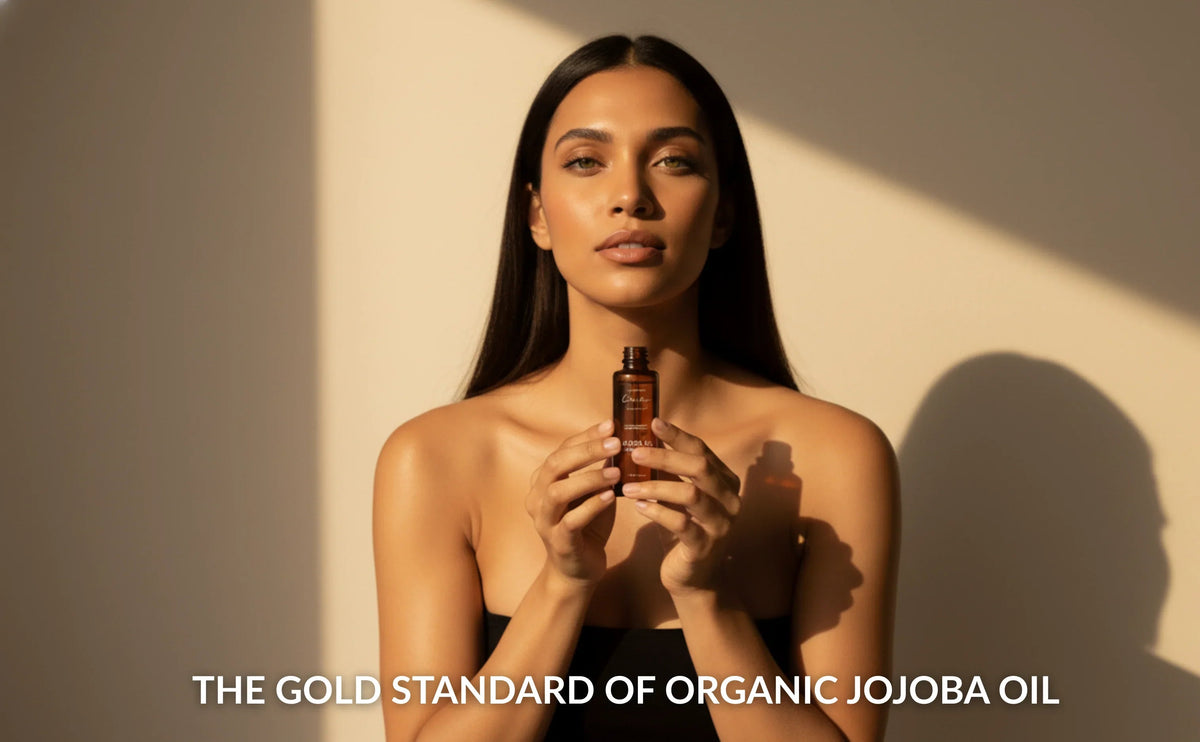 Canadian Grace Wellness 100% Organic Jojoba Oil bottle, ideal for sensitive skin and scalp, with natural dropper and clear label.