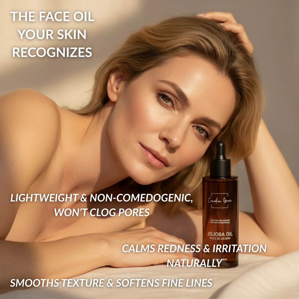 Canadian Grace Wellness 100% organic jojoba oil bottle, suitable for sensitive skin and dry or oily scalp.