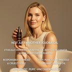Canadian Grace Wellness 100% organic jojoba oil in a glass bottle, ideal for sensitive skin and scalp care.