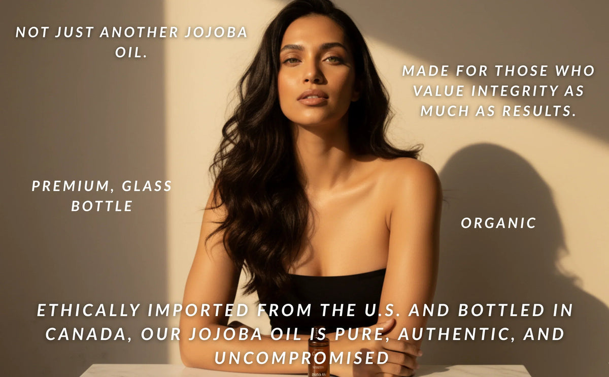Canadian Grace Wellness organic jojoba oil bottle, suitable for sensitive skin and scalp, with natural golden liquid appearance.
