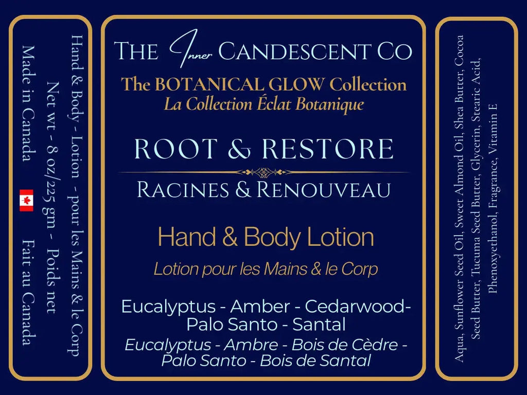 Botanical luxury hand and body lotion from The InnerCandescent Co, featuring a sleek container and natural ingredients.