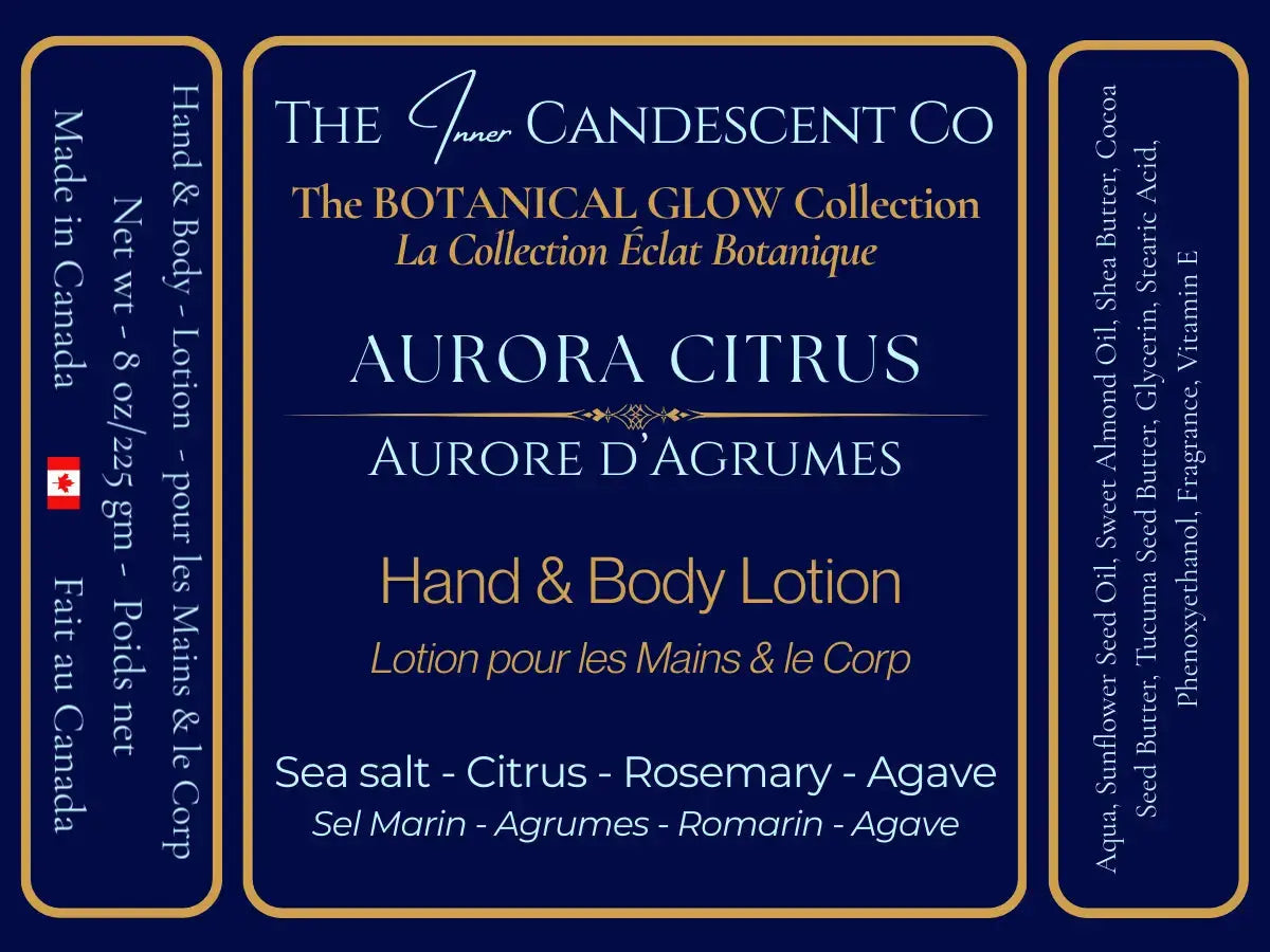 The InnerCandescent Co Aurora Citrus hand and body lotion bottle with bright citrus scent and luxurious moisturizing formula.