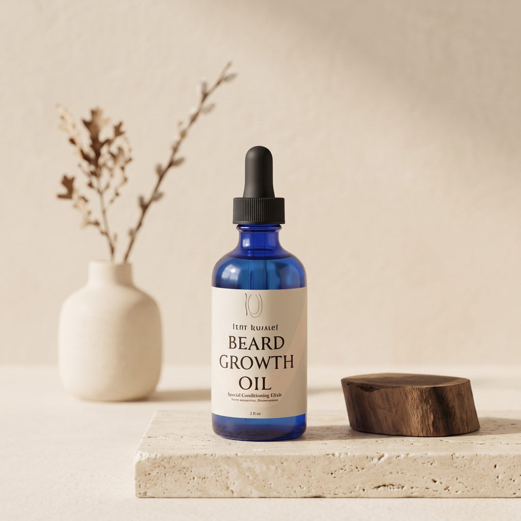 Pure Wash beard oil bottle with dropper, showcasing the beard growth oil product for nourishing and styling facial hair.