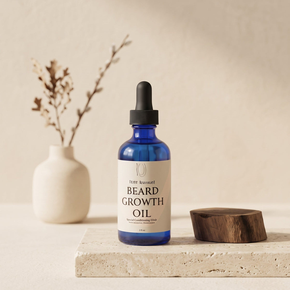 Pure Wash beard oil bottle with dropper, showcasing the beard growth oil product for nourishing and styling facial hair.