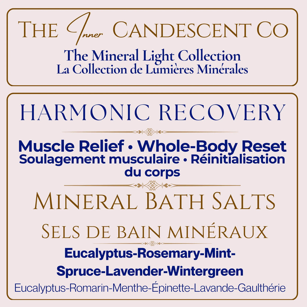 The InnerCandescent Co Mineral Bath Soak Gift Set with three Harmonic Recovery bath salts in elegant packaging.