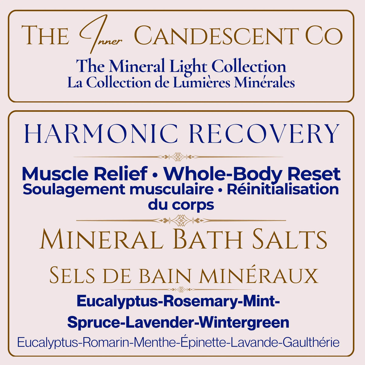 The InnerCandescent Co Mineral Bath Soak Gift Set with three Harmonic Recovery bath salts in elegant packaging.