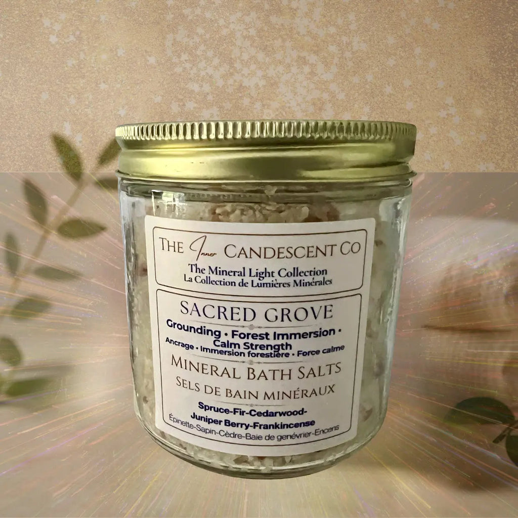Luxury mineral bath soak gift set from The InnerCandescent Co, featuring Sacred Grove mineral bath salts in a decorative box.
