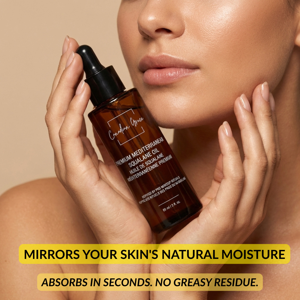 Canadian Grace Wellness Mediterranean Squalane Oil in a glass bottle, showcasing clear, smooth oil for hydrating, pre-makeup skincare.