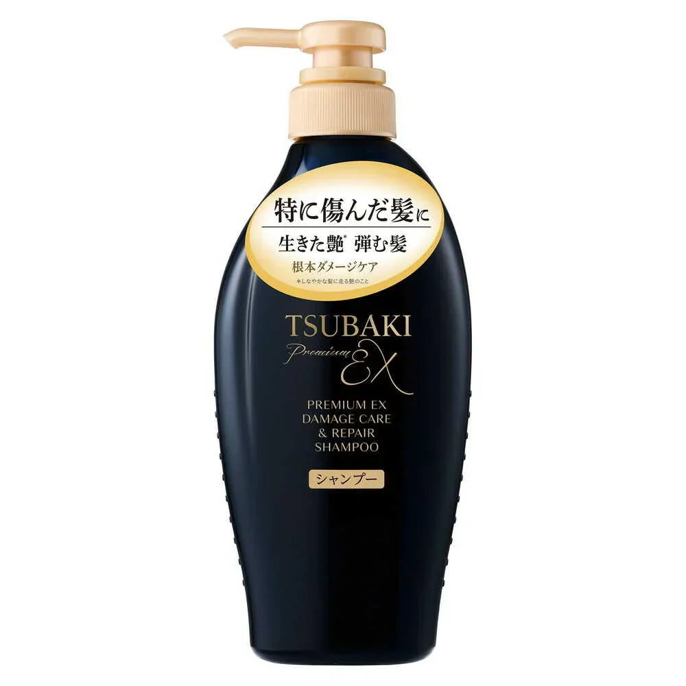 Shiseido Tsubaki Premium EX Intensive Repair Shampoo in black bottle, showing sleek packaging and product label.