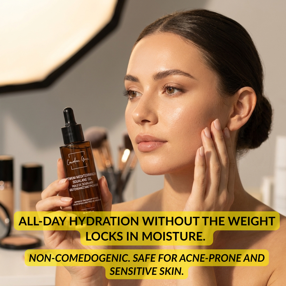 Canadian Grace Premium Mediterranean Squalane Oil bottle, a hydrating skincare oil for smooth, pre-makeup skin prep.