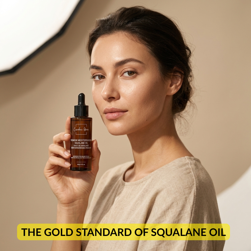 Canadian Grace Wellness Mediterranean Squalane Oil bottle, pre-makeup hydrating facial oil, smooth and nourishing skincare product