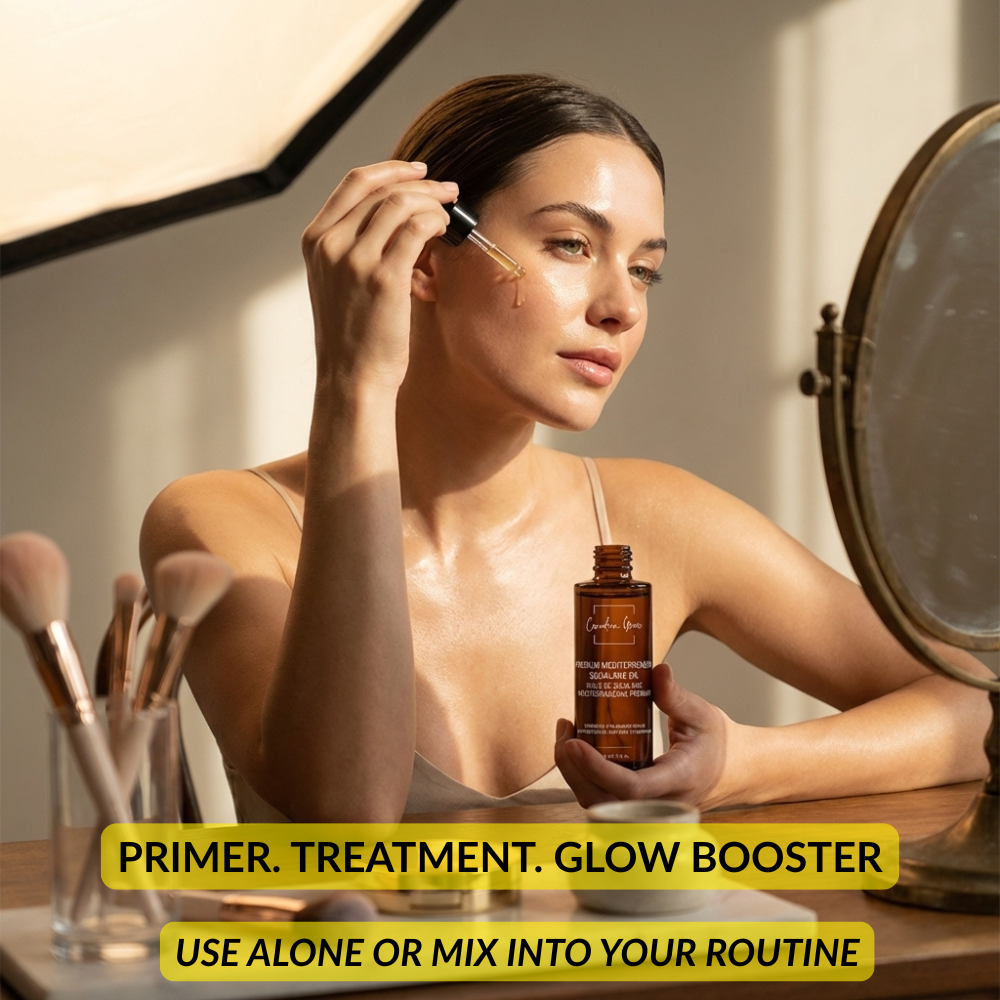 Canadian Grace Wellness Mediterranean Squalane Oil in a glass bottle, ideal for pre-makeup hydration and smooth, glowing skin.