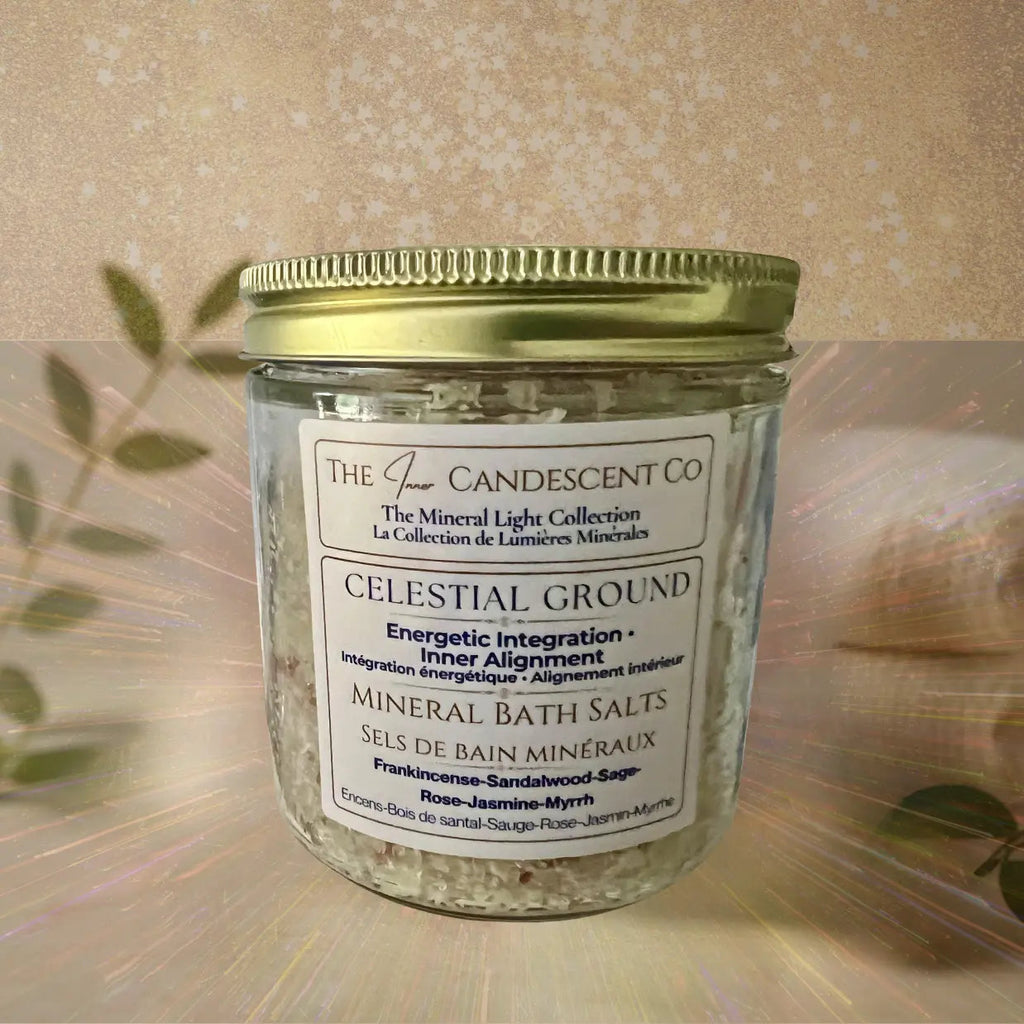 The InnerCandescent Co Mineral Light Collection gift set with celestial ground mineral bath soaks in elegant packaging.