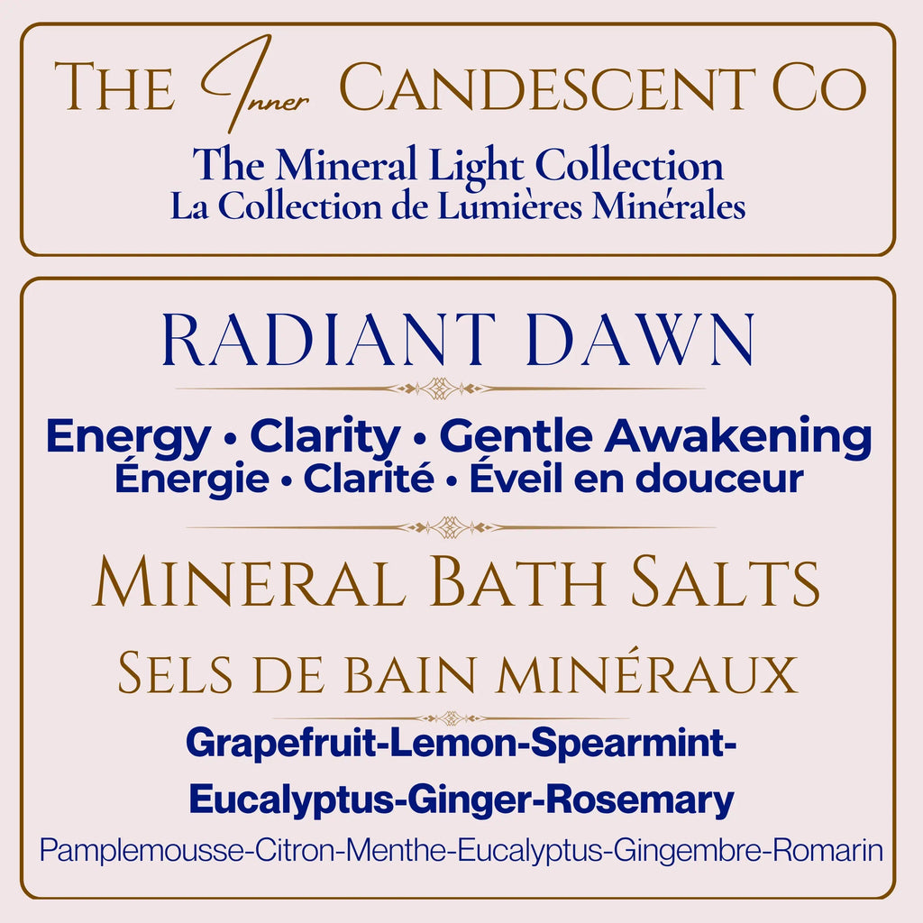 The InnerCandescent Co Mineral Light Collection gift set with four mineral bath soaks, featuring Radiant Dawn and other luxurious scents.