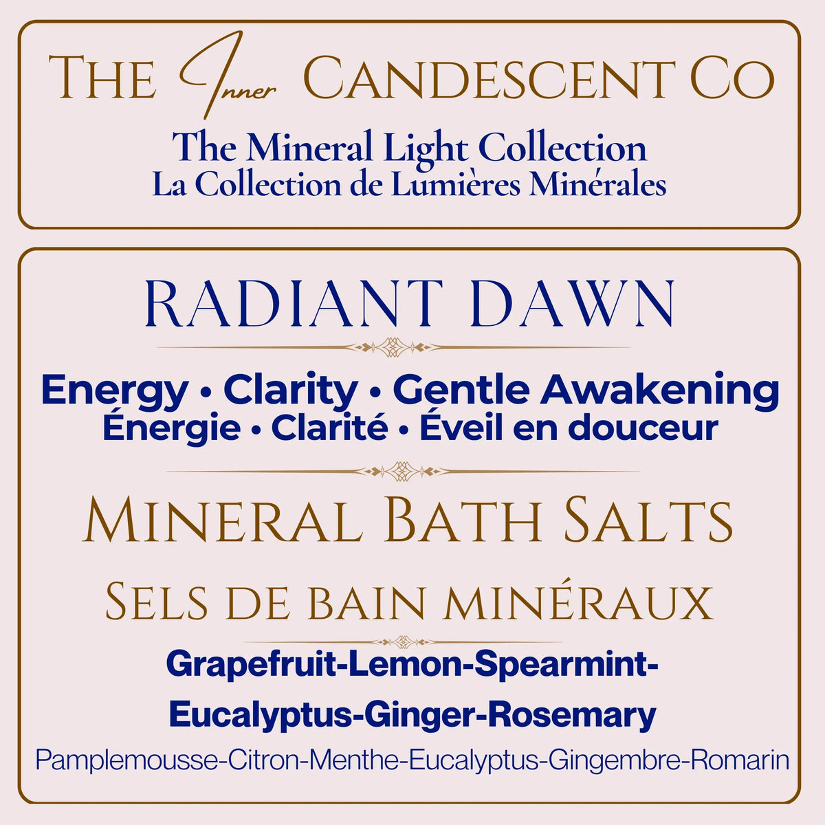 The InnerCandescent Co Mineral Light Collection gift set with four mineral bath soaks, featuring Radiant Dawn and other luxurious scents.