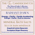 Mineral soak bath salts labeled Radiant Dawn from The InnerCandescent Co, featuring energizing magnesium and mineral-rich foot soak.