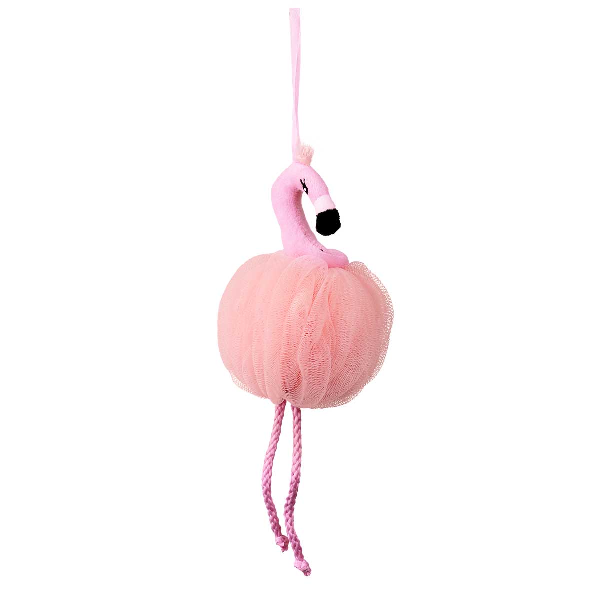 Pink flamingo-shaped bath and shower loofa by OC Beauty Co. with soft, textured surface for gentle exfoliation.