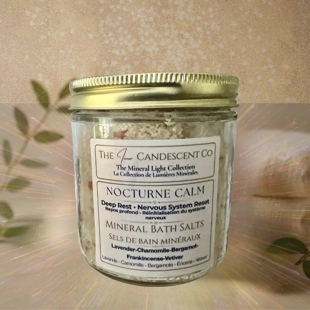 Nocturne Calm mineral soak bath salts by The InnerCandescent Co with magnesium and minerals for relaxing foot soaks.