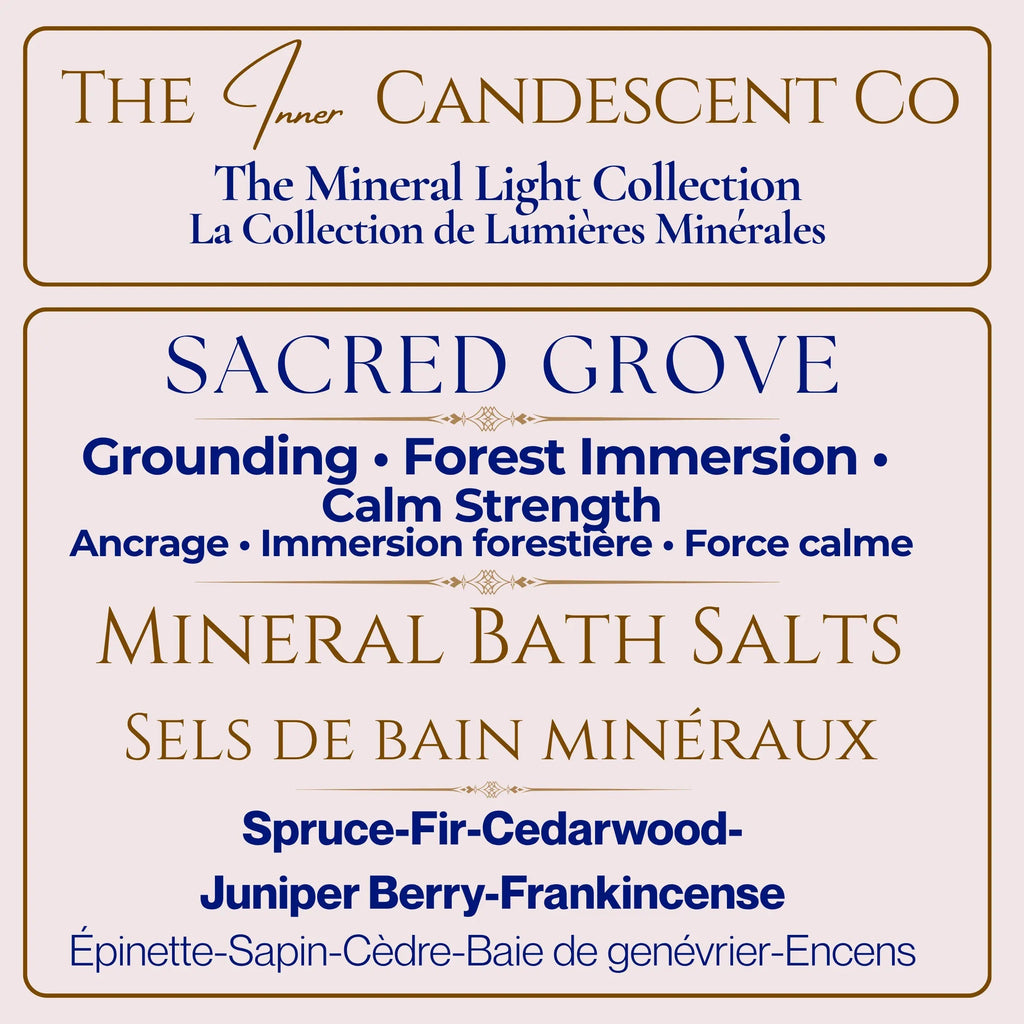 The InnerCandescent Co Mineral Light Collection gift set with luxurious mineral bath soaks and Sacred Grove packaging.