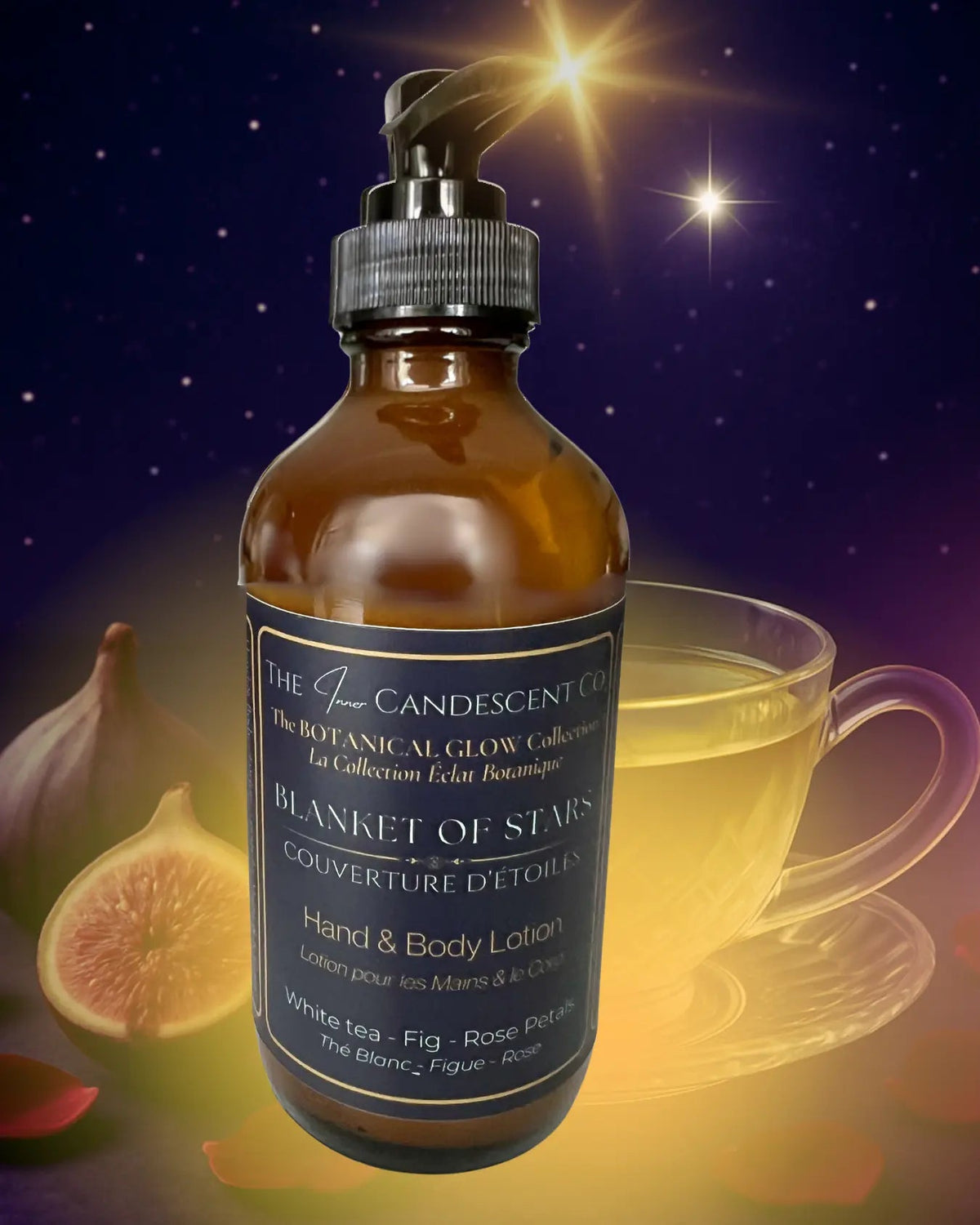 The InnerCandescent Co Blanket of Stars hand and body lotion in a white container with elegant packaging design.