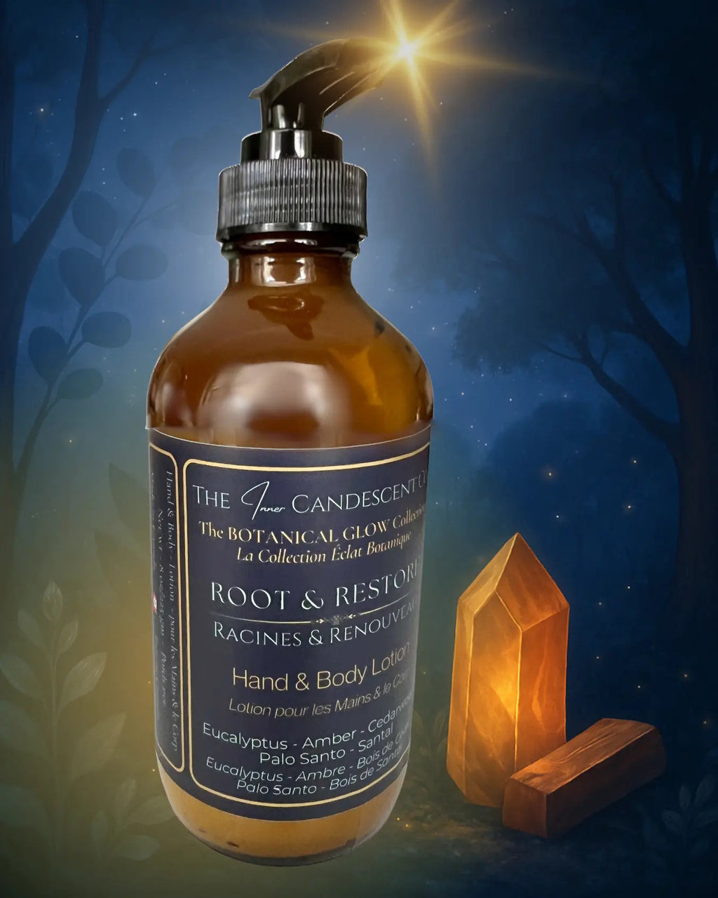 The InnerCandescent Co ROOT & RESTORE grounding botanical hand and body lotion bottle with floral and botanical design.
