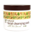 Trader Joe's Spa Natural Facial Cleansing Pads with Tea Tree Oil, 50 pieces, Vancou-Vert Trading Ltd., showing the round cleansing pads in a container