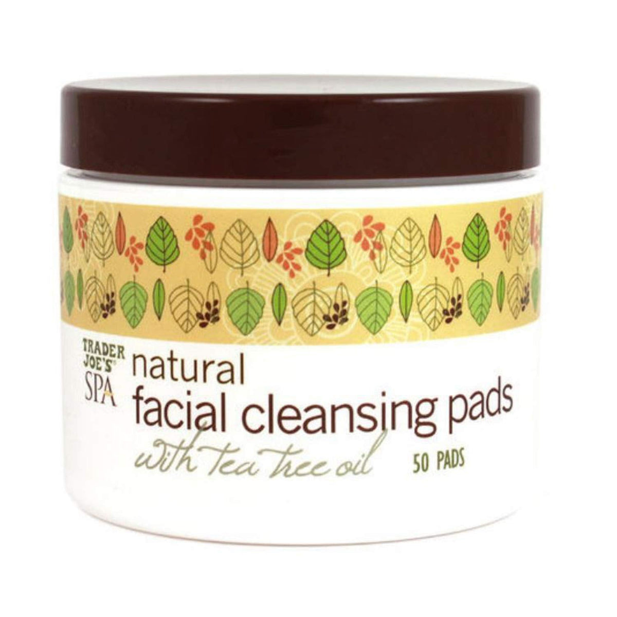 Trader Joe's Spa Natural Facial Cleansing Pads with Tea Tree Oil, 50 pieces, Vancou-Vert Trading Ltd., showing the round cleansing pads in a container