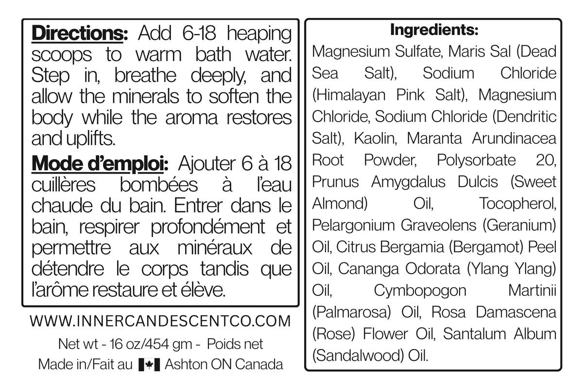 Rose Radiance floral magnesium mineral bath salts from The InnerCandescent Co for soothing foot soaks and relaxing bath experiences.