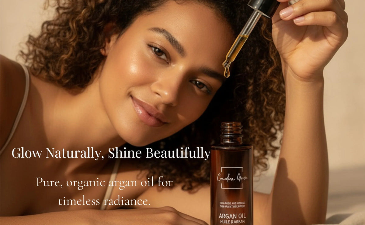 Canadian Grace Wellness Organic 100% Argan Oil bottle, suitable for dry skin and frizz-prone hair, with a dropper for application.