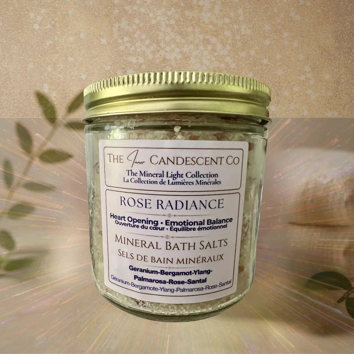 Rose Radiance floral magnesium mineral bath salts from The InnerCandescent Co, shown in a jar for soothing foot soaks.