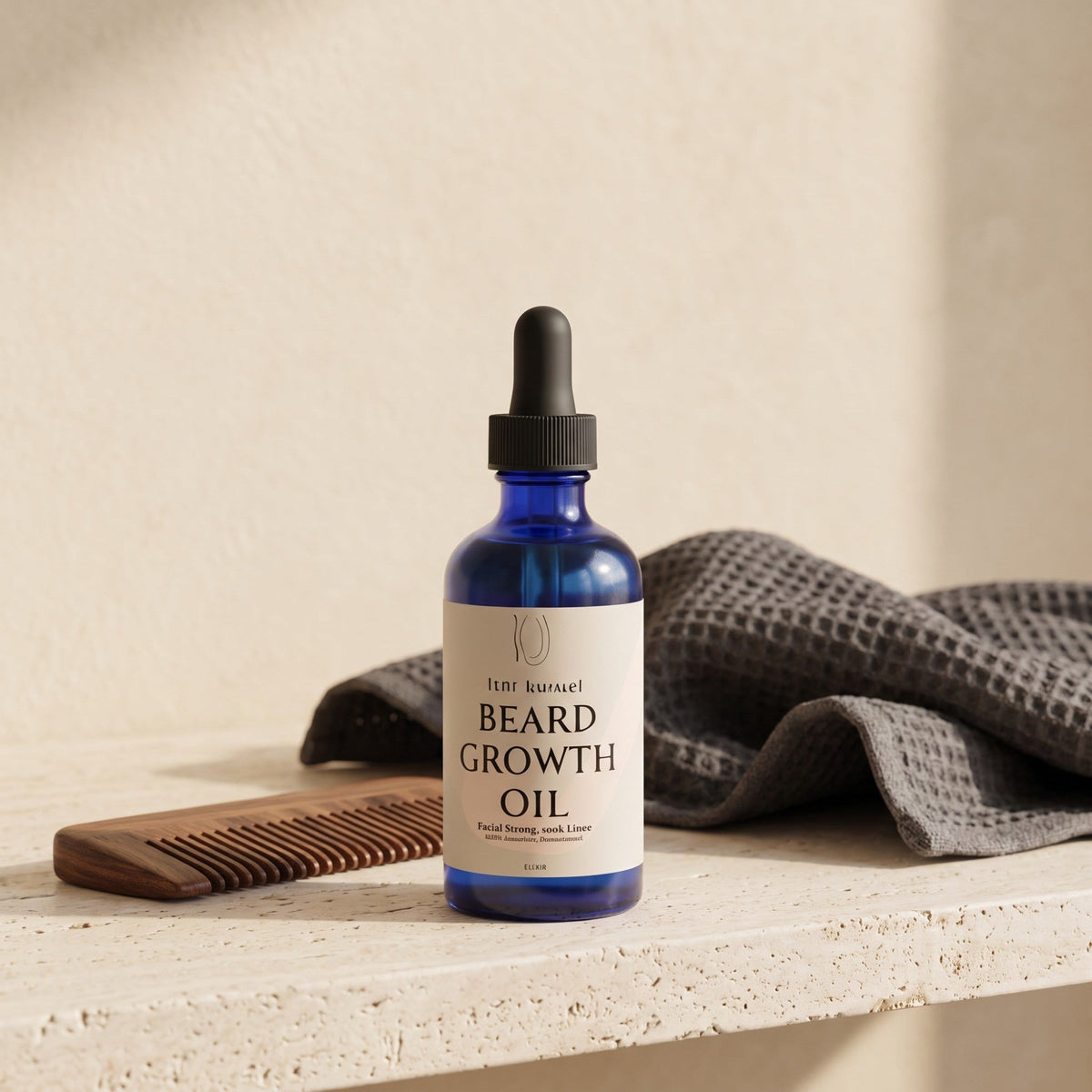 Pure Wash beard growth oil bottle with dropper, featuring natural ingredients for beard grooming and growth.