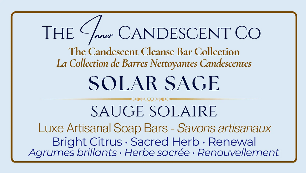 Handmade Solar Sage citrus herbal soap bar by The InnerCandescent Co, showing a natural soap with herbal and citrus scent.
