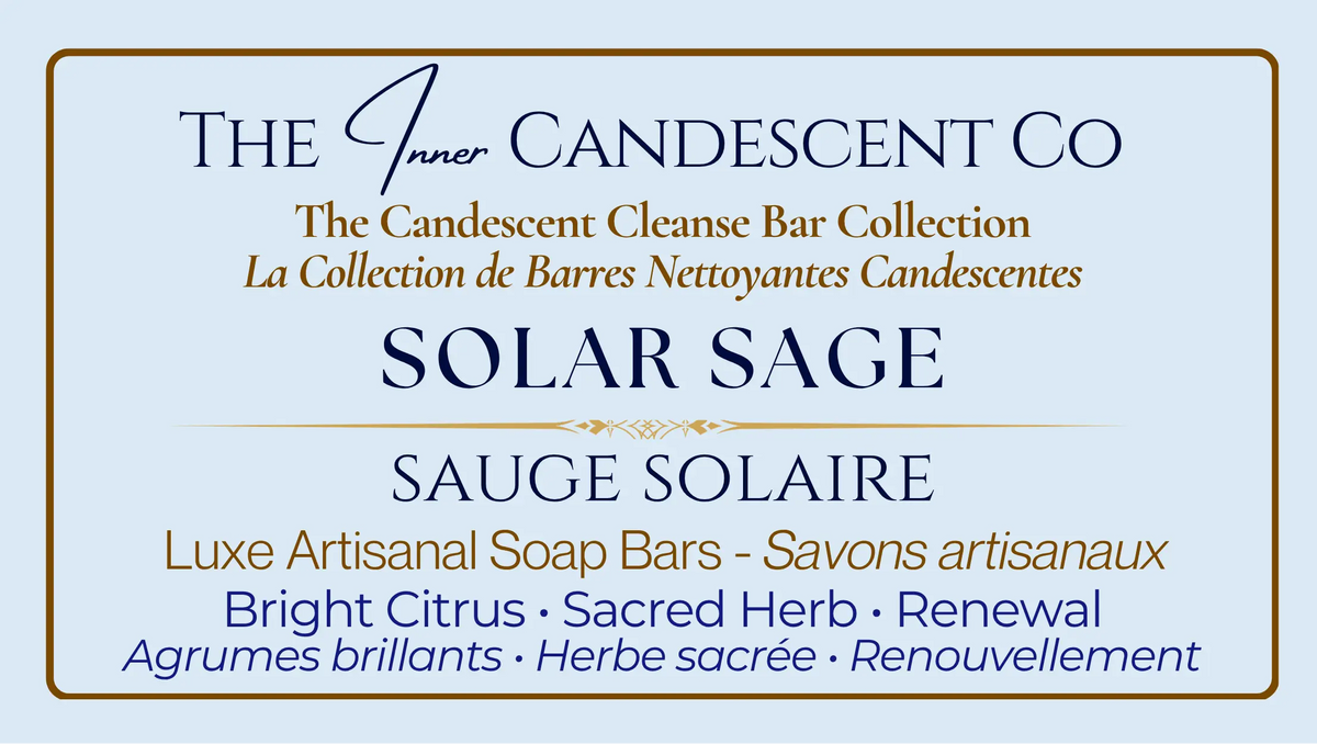 Handmade Solar Sage citrus herbal soap bar by The InnerCandescent Co, showing a natural soap with herbal and citrus scent.