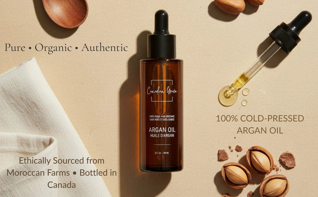 Canadian Grace Wellness Organic 100% Argan Oil for dry skin and frizz-prone, dry hair, shown in a dark glass bottle with a dropper.