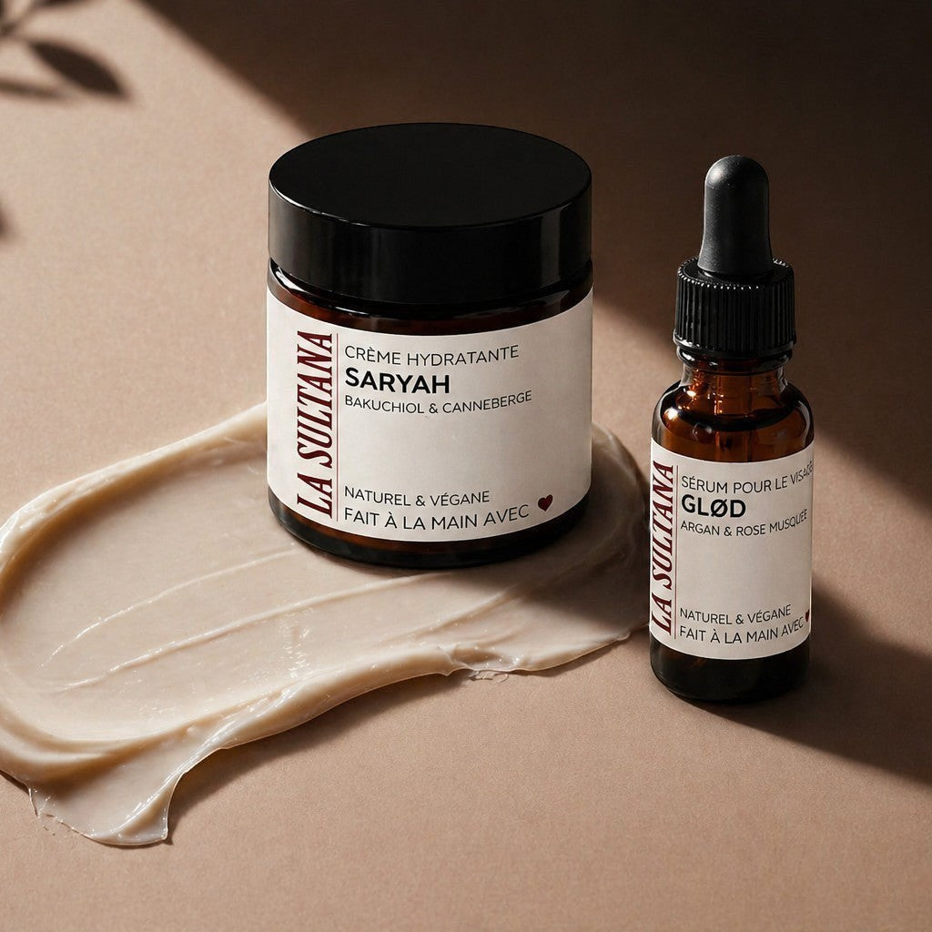 Crème de nuit visage SARYAH avec bakuchiol et canneberge, soin corporel naturel fait main, La Sultana Savonnerie, Québec.