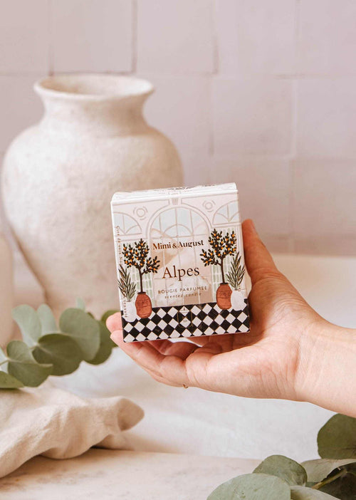 Alpes reusable candle by Mimi & August, 8oz glass jar with elegant design, perfect for eco-friendly home decor and ambient lighting.