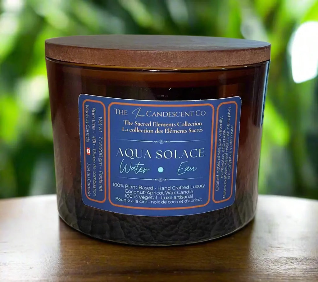 Aqua Solace water element candle by The InnerCandescent Co featuring fresh aquatic scent with coconut and apricot wax, 13 oz.
