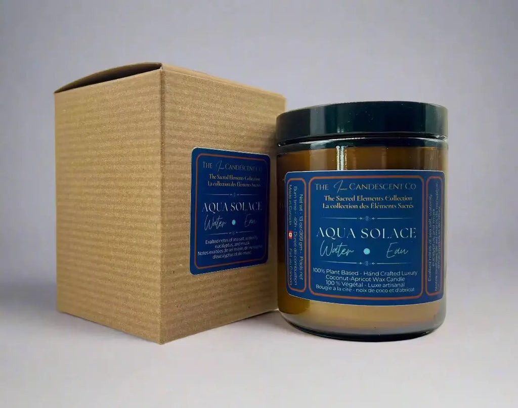 Aqua Solace water element candle by The InnerCandescent Co featuring fresh aquatic scent with coconut and apricot wax in a sleek container.