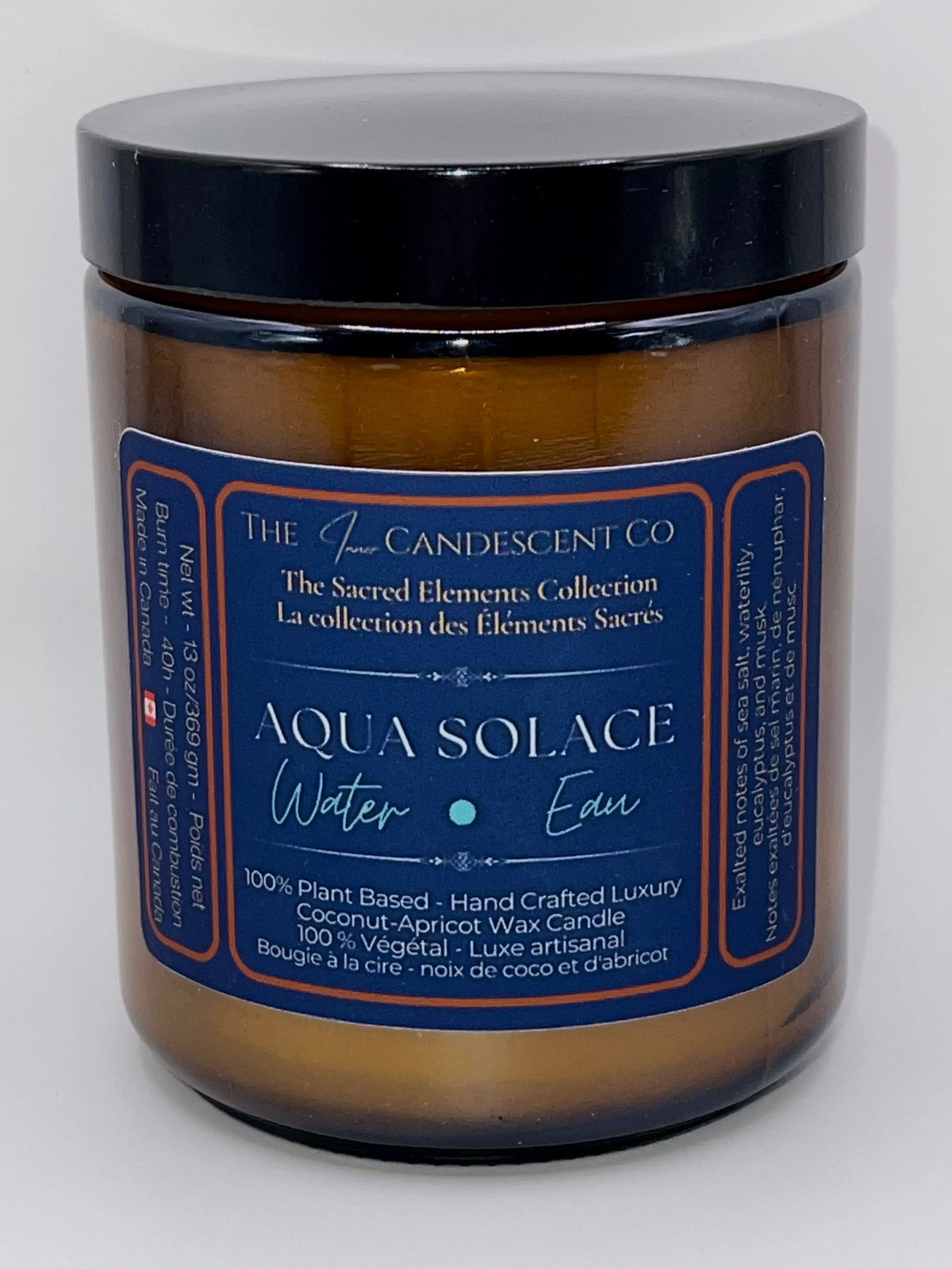 Aqua Solace water element candle by The InnerCandescent Co featuring a fresh aquatic scent with coconut and apricot wax in a sleek container