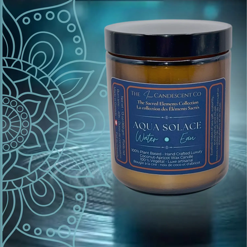 Aqua Solace water element candle by The InnerCandescent Co featuring a sleek container with a fresh aquatic scent and a burning wick.