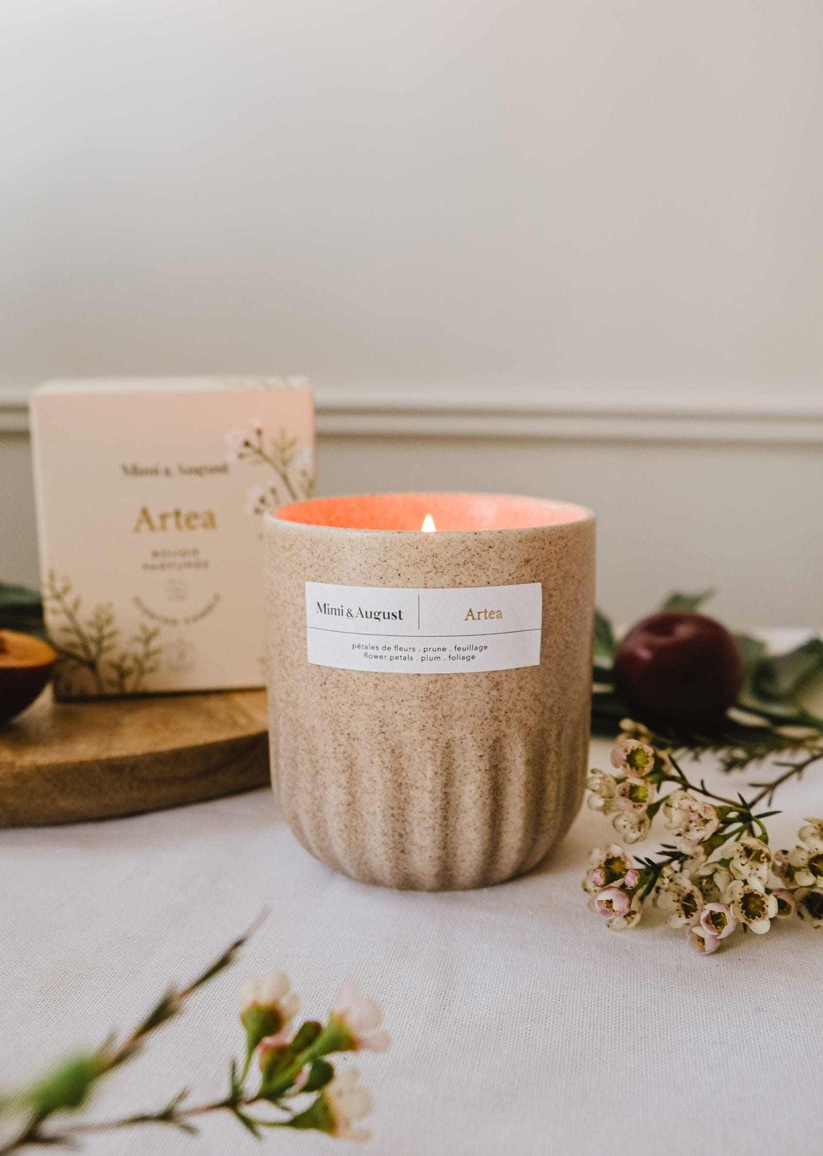 11oz Artea reusable soy candle by Mimi & August with a sleek glass jar and minimalist label, perfect for eco-friendly home decor.